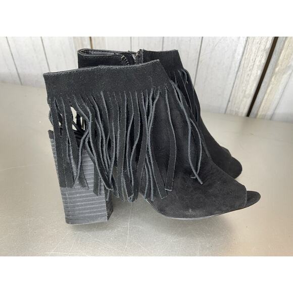 Carlos Women's Shoes Booties Leather Suede Black Fringed Chunky Heels Size 7.5 - Picture 3 of 6